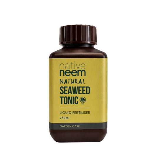 250ml bottle of Green Trading BioGro certified organic neem and seaweed liquid fertilizer for indoor and outdoor plant health.